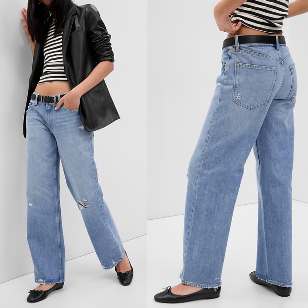 GAP Low Rise Stride Wide-Leg Jeans Light Indigo Destroy
